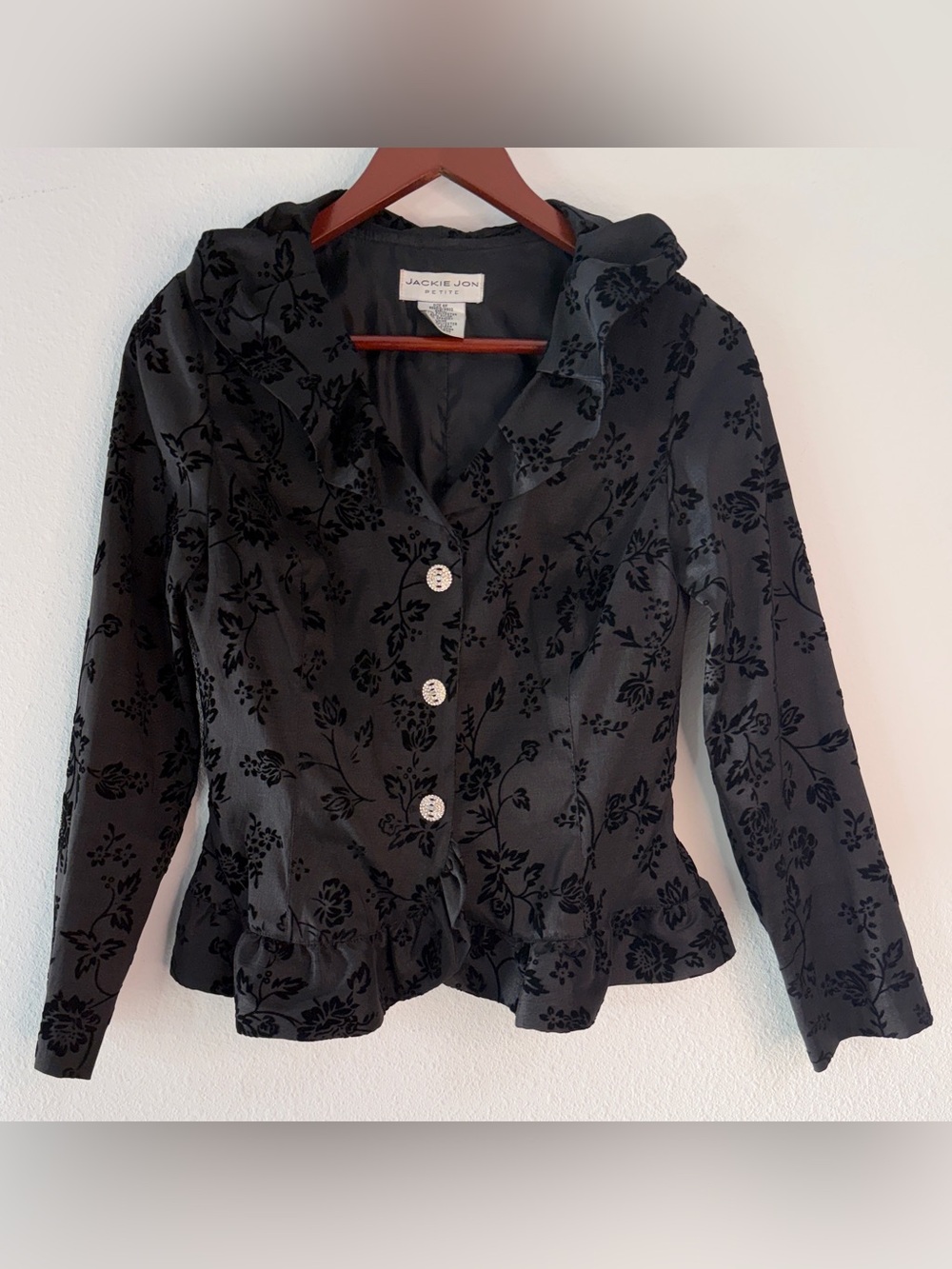 Vintage 90s Jackie Jon Black Floral Velvet Burnout Blazer Jacket Ruffle Trim 6P